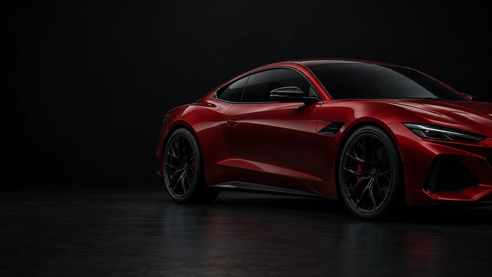 Illustrative detail of tinted side glass on a red coupe