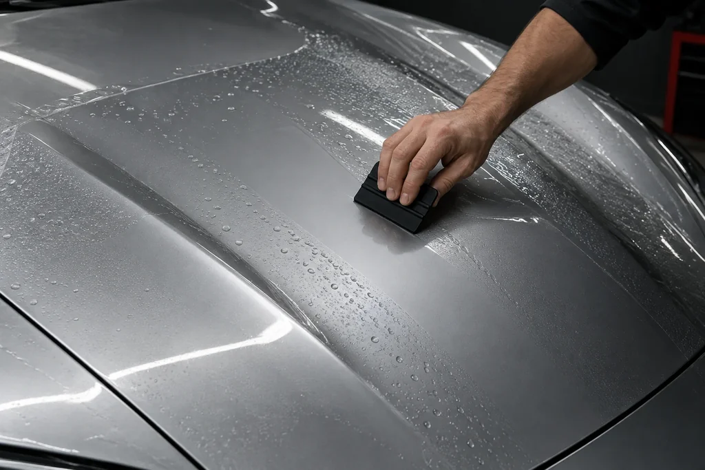 Illustrative application of clear protective film on the hood of a silver coupe